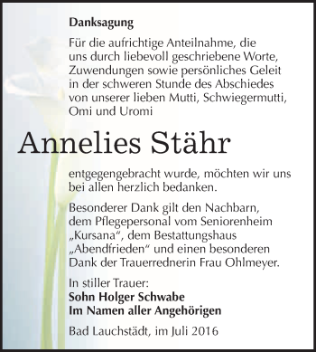 Traueranzeige von Annelies Stähr von WVG - Wochenspiegel Merseburg