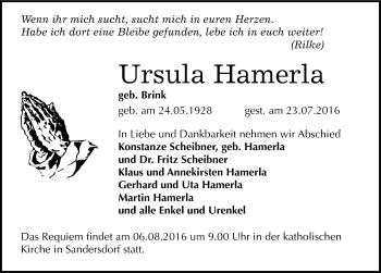 Traueranzeige von Ursula Hamerla von Mitteldeutsche Zeitung Bitterfeld