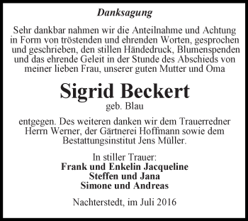 Traueranzeige von Sigrid Beckert von Super Sonntag Aschersleben