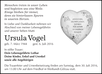 Traueranzeige von Ursula Vogel von WVG - Wochenspiegel Dessau / Köthen