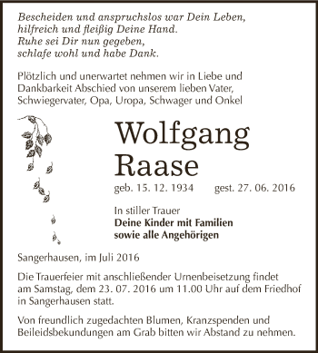 Traueranzeige von Wolfgang Raase von Super Sonntag SGH Mansf. Land