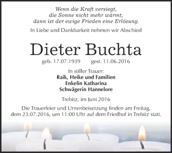 Traueranzeige von Dieter Buchta von WVG - Wochenspiegel Wittenberg