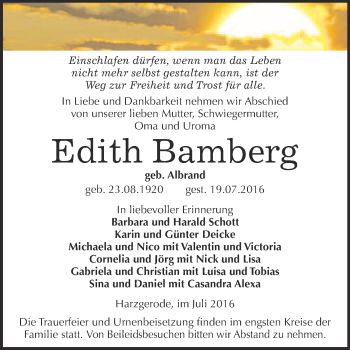 Traueranzeige von Edith Bamberg von Super Sonntag Quedlinburg