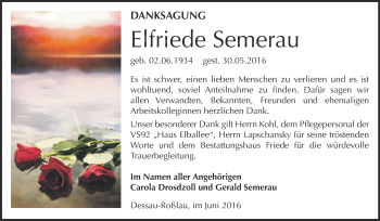 Traueranzeige von Elfriede Semerau von WVG - Wochenspiegel Dessau / Köthen