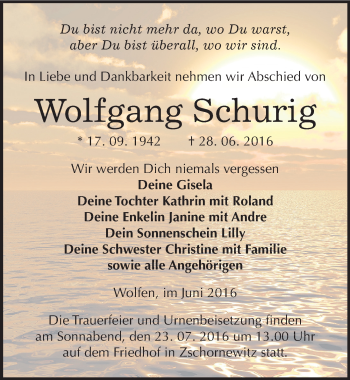 Traueranzeige von Wolfgang Schurig von Mitteldeutsche Zeitung Bitterfeld