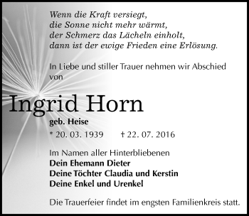 Traueranzeige von Ingrid Horn von Mitteldeutsche Zeitung Halle/Saalkreis