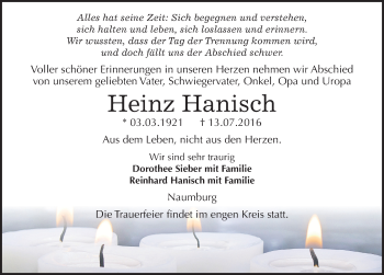 Traueranzeige von Heinz Hanisch von Mitteldeutsche Zeitung Naumburg/Nebra