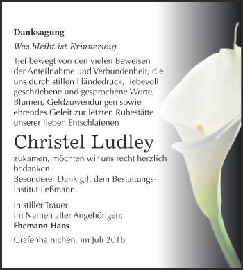Traueranzeige von Christel Ludley von WVG - Wochenspiegel Wittenberg