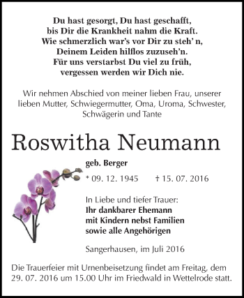Traueranzeige von Roswitha Neumann von WVG - Wochenspiegel SGH