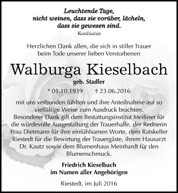 Traueranzeige von Walburga Kieselbach von Mitteldeutsche Zeitung Sangerhausen