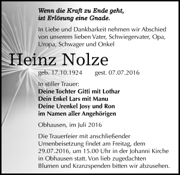 Traueranzeige von Heinz Nolze von Mitteldeutsche Zeitung Merseburg/Querfurt