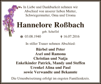 Traueranzeige von Hannelore Roßbach von WVG - Wochenspiegel Dessau / Köthen