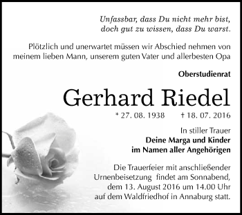 Traueranzeige von Gerhard Riedel von WVG - Wochenspiegel Wittenberg