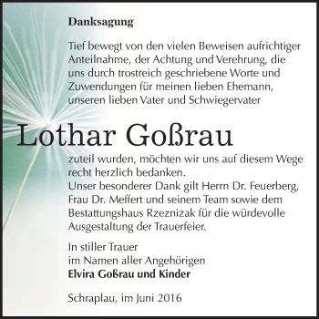 Traueranzeige von Lothar Goßrau von WVG - Wochenspiegel Merseburg