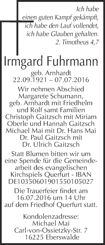 Traueranzeige von Irmgard Fuhrmann von WVG - Wochenspiegel Merseburg