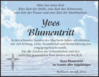 Traueranzeige von Yves Blumentritt von WVG - Wochenspiegel Merseburg