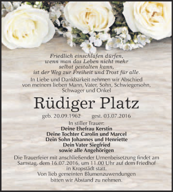 Traueranzeige von Rüdiger Platz von WVG - Wochenspiegel Wittenberg