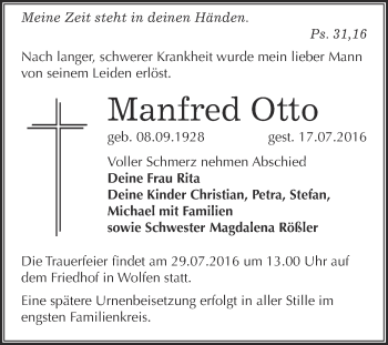 Traueranzeige von Manfred Otto von WVG - Wochenspiegel Bitterfeld