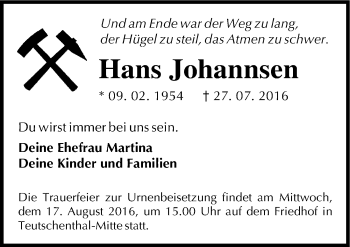 Traueranzeige von Hans Johannsen von Mitteldeutsche Zeitung Halle/Saalkreis