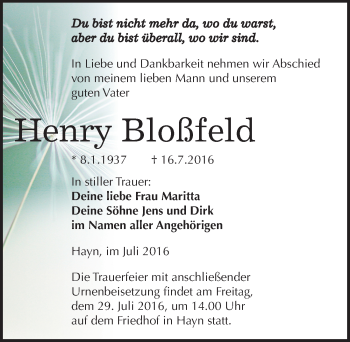 Traueranzeige von Henry Bloßfeld von Mitteldeutsche Zeitung Sangerhausen