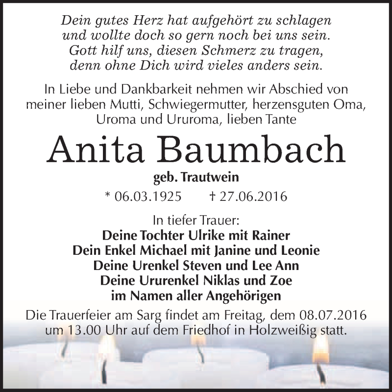  Traueranzeige für Anita Baumbach vom 06.07.2016 aus WVG - Wochenspiegel Bitterfeld