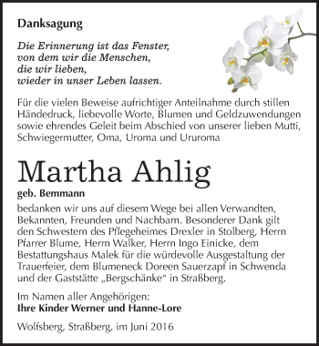 Traueranzeige von Martha Ahlig von Mitteldeutsche Zeitung Sangerhausen