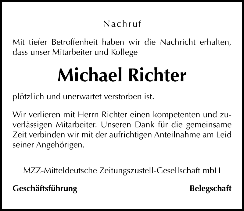  Traueranzeige für Michael Richter vom 09.07.2016 aus Mitteldeutsche Zeitung Merseburg/Querfurt