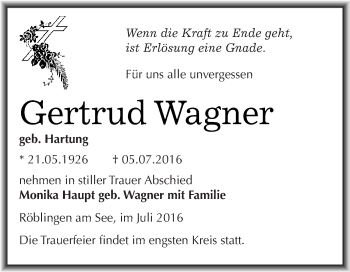 Traueranzeige von Gertrud Wagner von Super Sonntag SGH Mansf. Land
