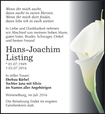 Traueranzeige von Hans-Joachim Listing von Mitteldeutsche Zeitung Mansfelder Land