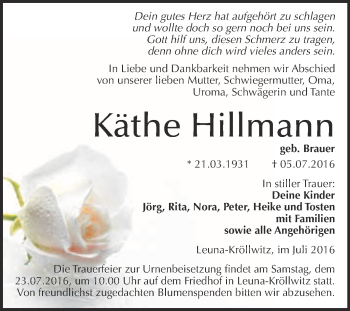 Traueranzeige von Käthe Hillmann von Super Sonntag Merseburg