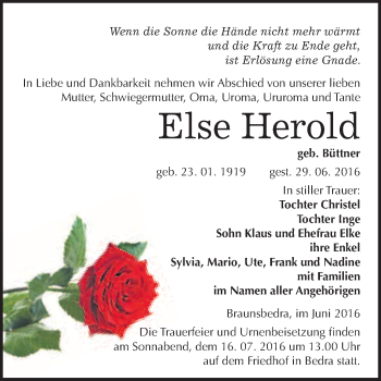 Traueranzeige von Else Herold von WVG - Wochenspiegel Merseburg