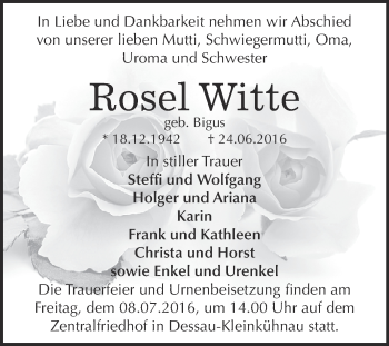 Traueranzeige von Rosel Witte von WVG - Wochenspiegel Dessau / Köthen
