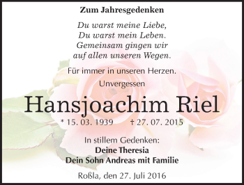 Traueranzeige von Hansjoachim Riel von Mitteldeutsche Zeitung Sangerhausen