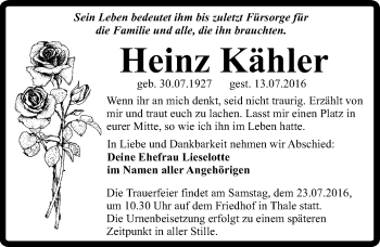 Traueranzeige von Heinz Kähler von Mitteldeutsche Zeitung Quedlinburg