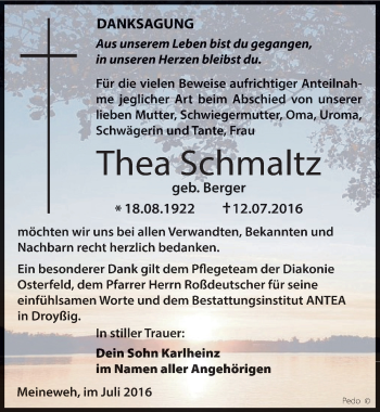 Traueranzeige von Thea Schmaltz von Mitteldeutsche Zeitung Zeitz