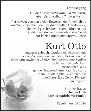 Traueranzeige von Kurt Otto von WVG - Wochenspiegel Bitterfeld