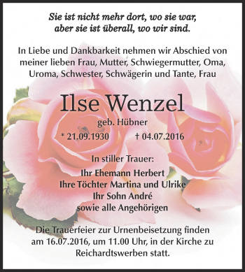 Traueranzeige von Ilse Wenzel von WVG - Wochenspiegel NMB / WSF / ZTZ