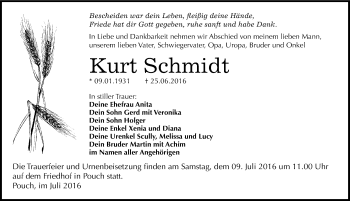 Traueranzeige von Kurt Schmidt von Mitteldeutsche Zeitung Bitterfeld