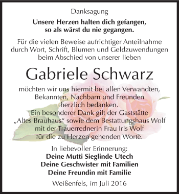 Traueranzeige von Gabriele Schwarz von Mitteldeutsche Zeitung Weißenfels