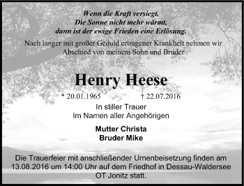 Traueranzeige von Henry Heese von Mitteldeutsche Zeitung Dessau-Roßlau