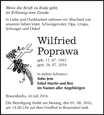 Traueranzeige von Wilfried Poprawa von WVG - Wochenspiegel Merseburg
