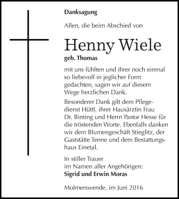 Traueranzeige von Henny Wiele von Super Sonntag SGH Mansf. Land
