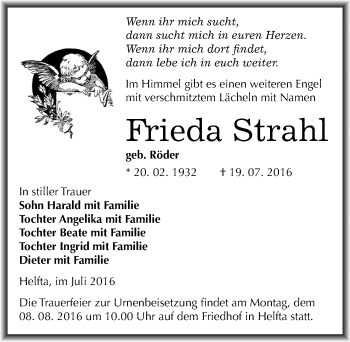 Traueranzeige von Frieda Strahl von Mitteldeutsche Zeitung Mansfelder Land