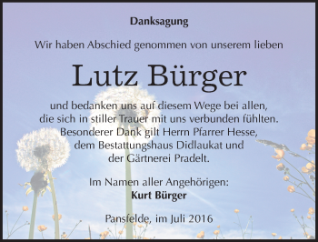 Traueranzeige von Lutz Bürger von Mitteldeutsche Zeitung Quedlinburg
