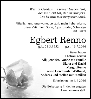 Traueranzeige von Egbert Renno von Mitteldeutsche Zeitung Sangerhausen