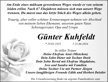 Traueranzeige von Günter Kuhfeldt von Mitteldeutsche Zeitung Dessau-Roßlau