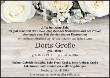 Traueranzeige von Doris Große von Mitteldeutsche Zeitung Naumburg/Nebra