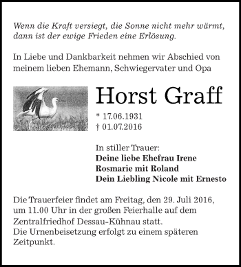 Traueranzeige von Horst Graff von WVG - Wochenspiegel Dessau / Köthen