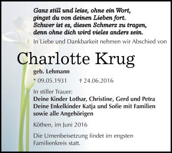 Traueranzeige von Charlotte Krug von WVG - Wochenspiegel Dessau / Köthen