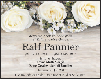 Traueranzeige von Ralf Pannier von WVG - Wochenspiegel Wittenberg